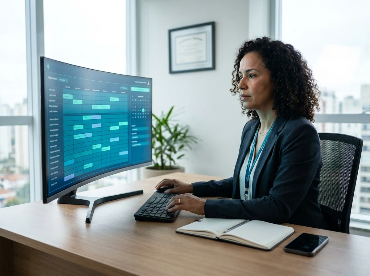 Coordenadora de escalas gerenciando plantões em um monitor com grade de horários