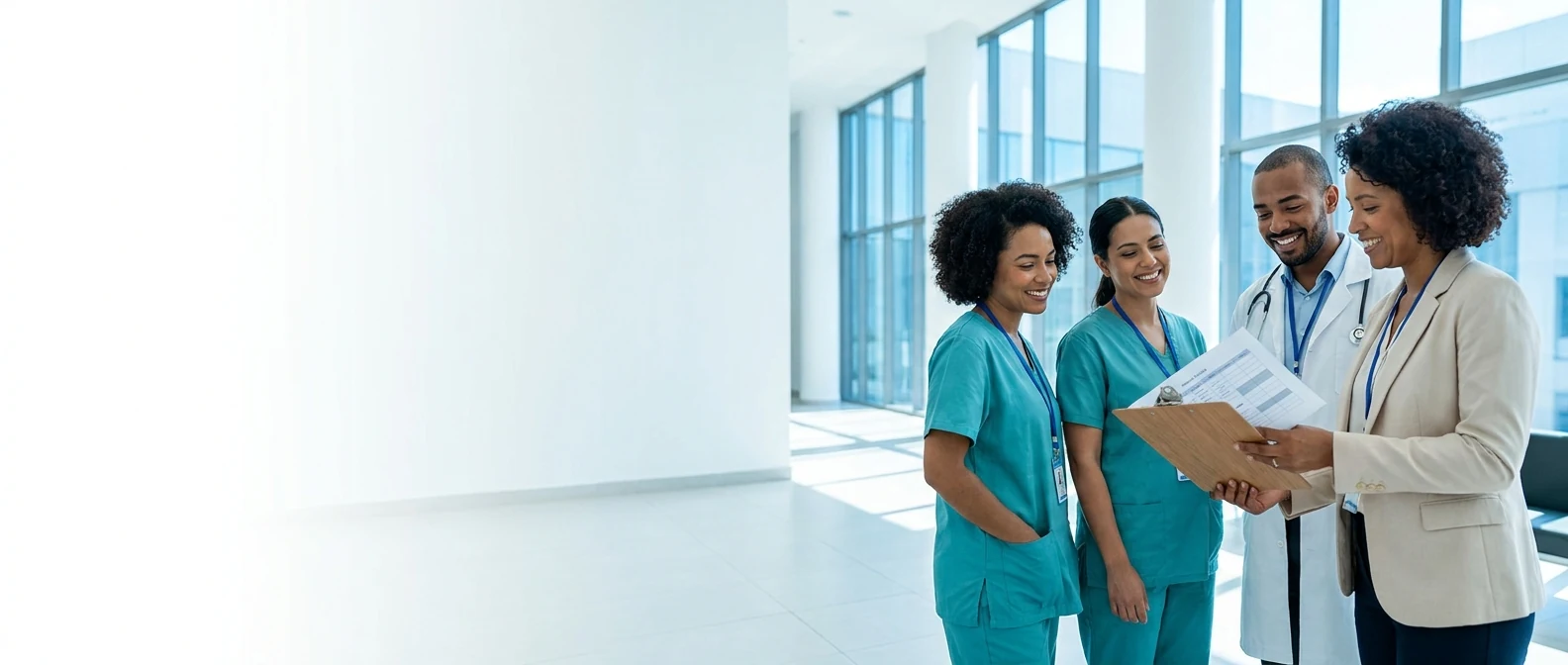 Equipe de gestao e profissionais de saude analisando escala em um hospital moderno