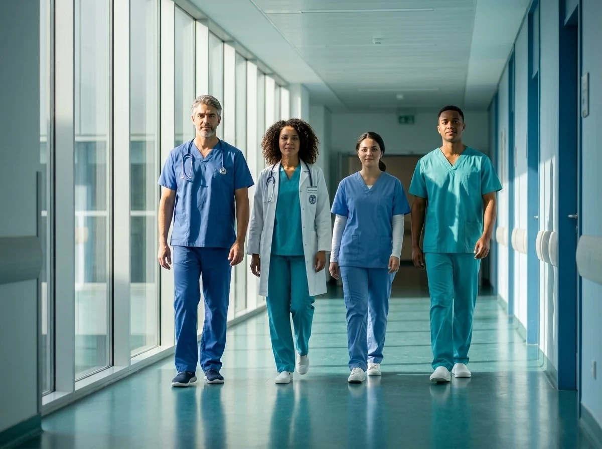 Equipe multidisciplinar de saúde caminhando junta em um corredor hospitalar